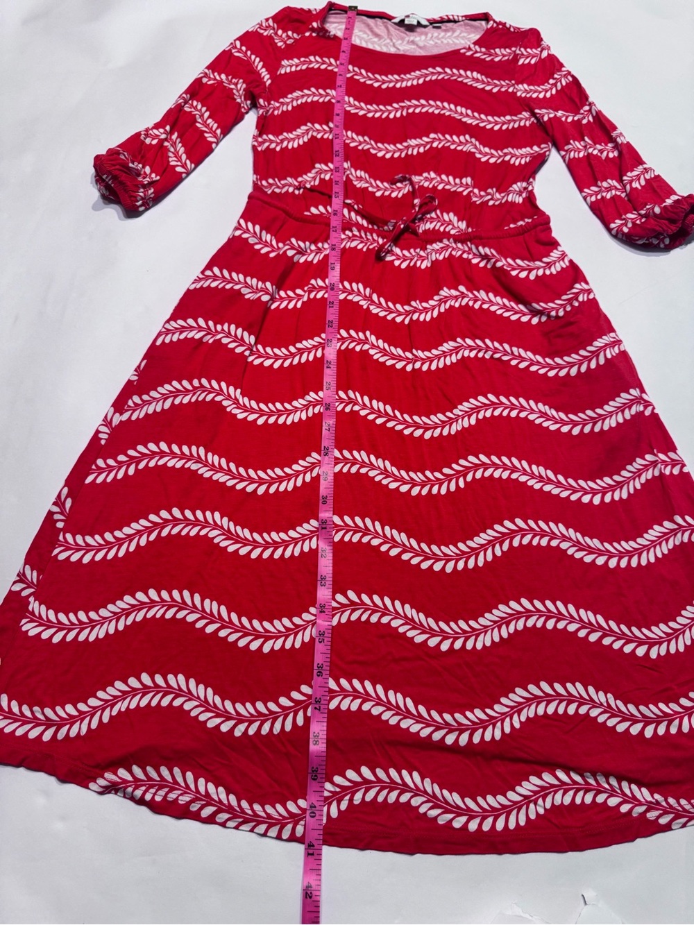 oden Talia Jersey Dress Red White Long Sleeve Cinch Tie Waist Classic 4 Long - Picture 6 of 7